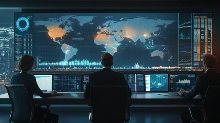 A global finance team analyzing international stock markets in a sleek office space, large screens displaying real-time data