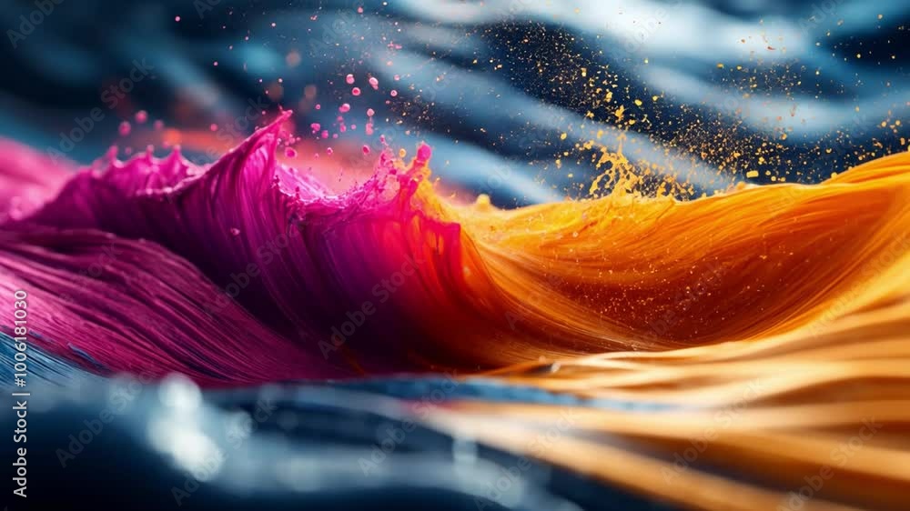 Poster Colorful waves of paint create a dynamic abstract composition with vibrant hues and fluid forms