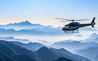 Fototapeta na wymiar A helicopter flying over misty mountains, showcasing a serene landscape and adventure.