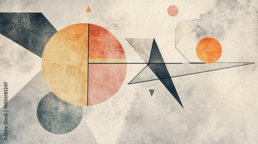 Poster floating abstract supplies in geometric forms, scattered across a neutral background, blending soft 