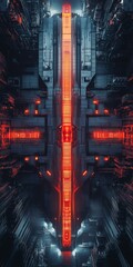 Naklejka premium Futuristic Sci-Fi Cityscape with Neon Red Lights and Industrial Architecture in a Dark Atmosphere