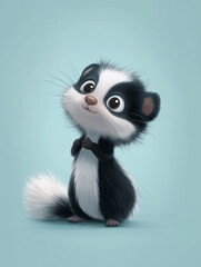 Fototapeta premium Adorable skunk looking up with curious expression on soft blue background