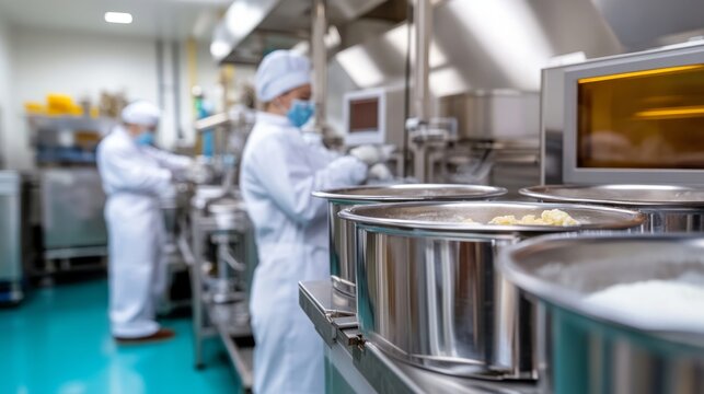 Freshly churned ice cream is carefully monitored in a bright, sterile production facility. Workers in white uniforms ensure quality control as conveyor belts transport tubs
