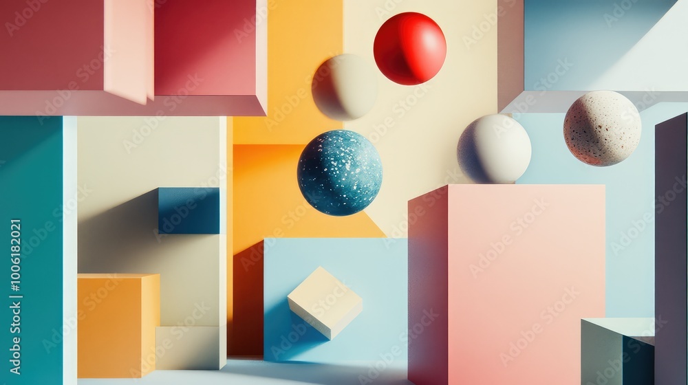 Poster floating cubes and spheres represent abstract supplies, deconstructed into minimalistic shapes on a 