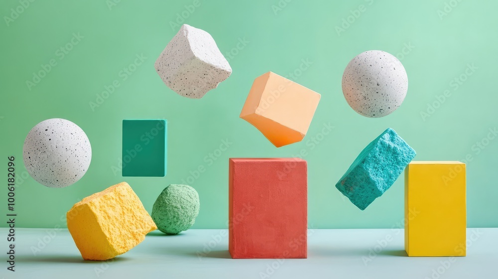 Aufkleber floating cubes and spheres represent abstract supplies, deconstructed into minimalistic shapes on a 