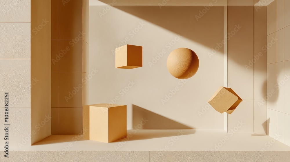 Aufkleber floating cubes and spheres represent abstract supplies, deconstructed into minimalistic shapes on a 
