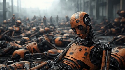 A pile of rusty, deactivated AI robots scattered across an abandoned warehouse, with dust settling on their lifeless bodies, evoking a sense of forgotten technology and obsolescence