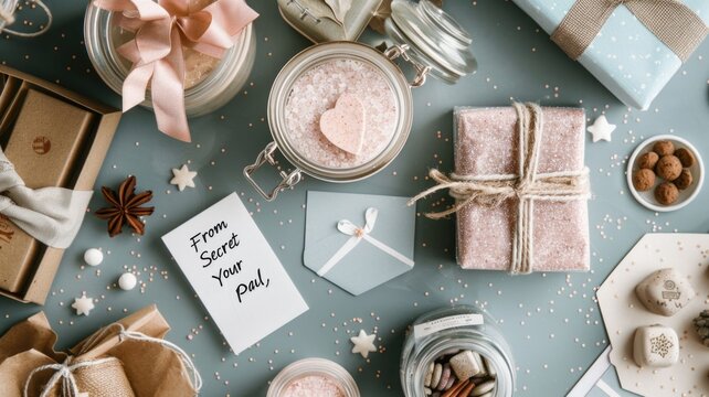 wrapped gifts with handmade treats and a secret note,Secret Pal Day