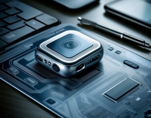 High tech gadgets on a desk, representing modern technology, innovation, and digital devices.