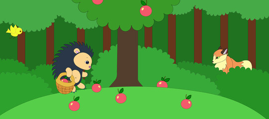 hedgehog picks apples in the forest
