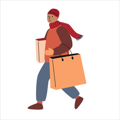 Man in winter clothes carrying shopping bag. Winter and Christmas sale. Holiday shopping illustration.