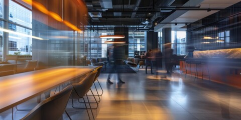  a collaborative workspace, with ghostly images of workers moving around