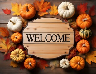 A warm wooden welcome sign is surrounded by vibrant pumpkins and autumn leaves, creating an inviting atmosphere perfect for greeting guests during the fall season