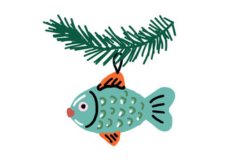 Christmas bauble in the shape of fish. Fir branch with hanging Christmas decoration. Naive art illustration.