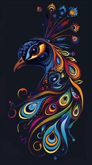 Obraz premium Peacock head silhouette featuring colorful tribal ornaments.