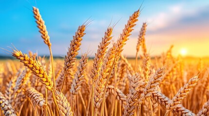 A detailed close-up panoramic view of golden wheat fields gently swaying in the breeze under a clear azure sky during a vibrant sunset. Warm sunlight casts a golden glow over the landscape.