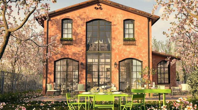 A chic house with a terracotta exterior, surrounded by soft peach blossoms, featuring large windows and a lime green outdoor dining setup