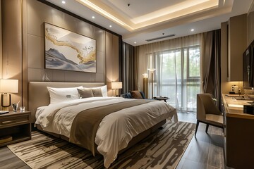 Interior of a hotel bedroom with a double bed.