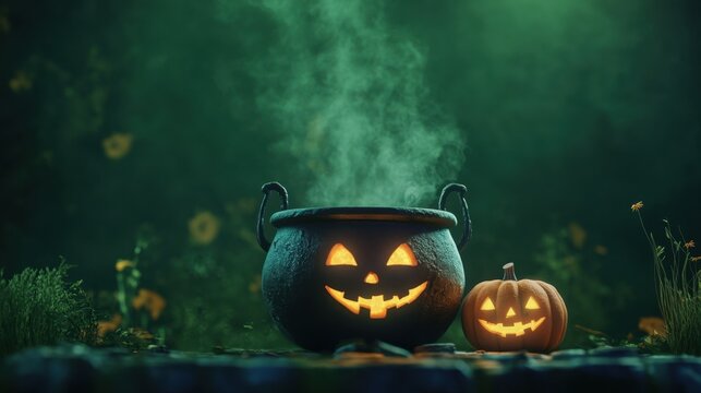 A cauldron and jack-o'-lantern sitting against a green background, bringing Halloween magic and spookiness to life.
