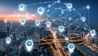 An aerial view of a modern city with multiple location pins connected by lines, symbolizing interconnectedness and communication