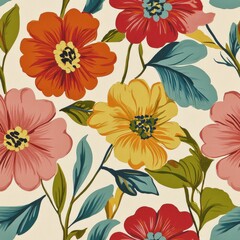 Bright and colorful floral pattern featuring various flowers and leaves on a light background