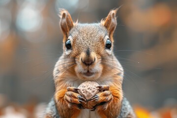 Obraz premium Squirrel holding a nut, depicting wildlife in natural settings