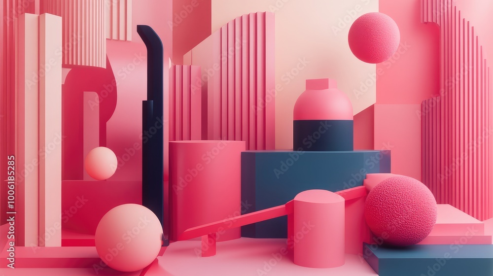 Poster geometric supplies floating in an abstract environment, each tool represented by simple, clean lines
