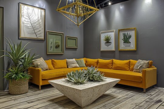 A cozy living room with birch flooring, steel gray walls, and a saffron yellow sofa A triangular limestone coffee table, sage frames, and a cluster of aloe plants A modern brass chandelier