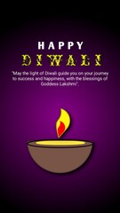 Vertical poster for diwali celebration on purple background with oil lamps.