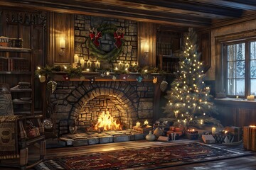 Obraz premium A cozy living room with a fireplace and a Christmas tree. The room is decorated with Christmas ornaments and presents