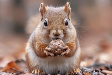 Fototapeta premium Squirrel holding a nut, depicting wildlife in natural settings