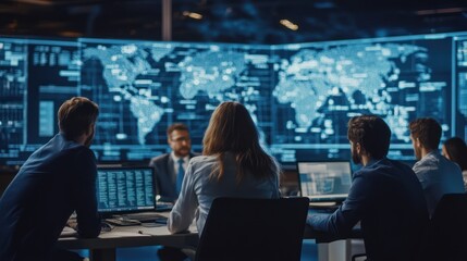 Obraz premium A multinational team of business professionals working on a global logistics project, collaborative workspace with digital screens