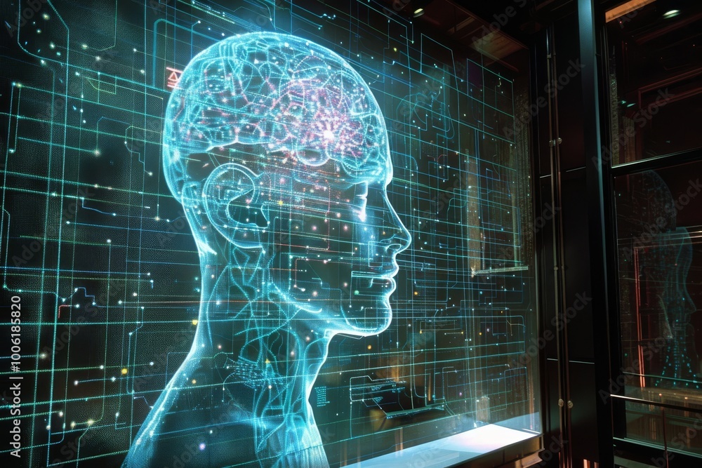 Poster a futuristic representation of a human brain illuminated with digital patterns in a tech-focused env