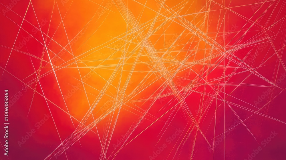 Aufkleber intersecting lines in various thicknesses forming a geometric web, set against a bold red and orange