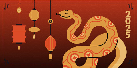 Chinese New Year snake. 2025 holiday banner. Golden serpent on red background. Zodiac animal mascot. Horoscope character, traditional Asian ornament. Congratulation poster. Vector illustration