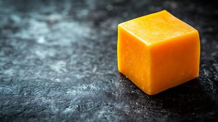 Single Cheddar cube with defined sharp edges, positioned on a pitch-black surface, casting a faint shadow. Soft light from above, minimalist style, isolated subject, vibrant yellow color,