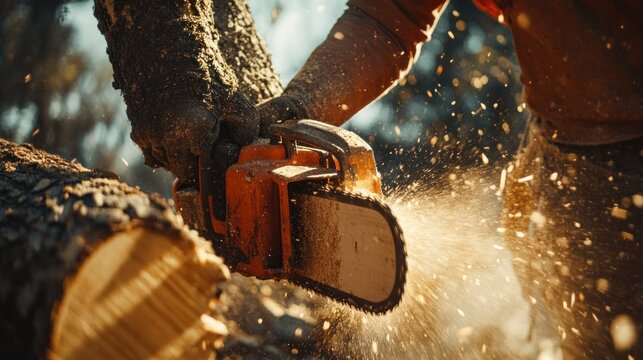 Close-up of a Chainsaw Cutting a Tree Trunk - Powered by Adobe