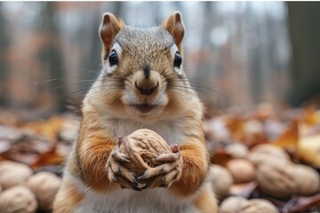 Squirrel holding a nut, depicting wildlife in natural settings