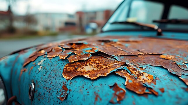 A once-shiny car hood now covered in patches of rust showing oxidations impact
