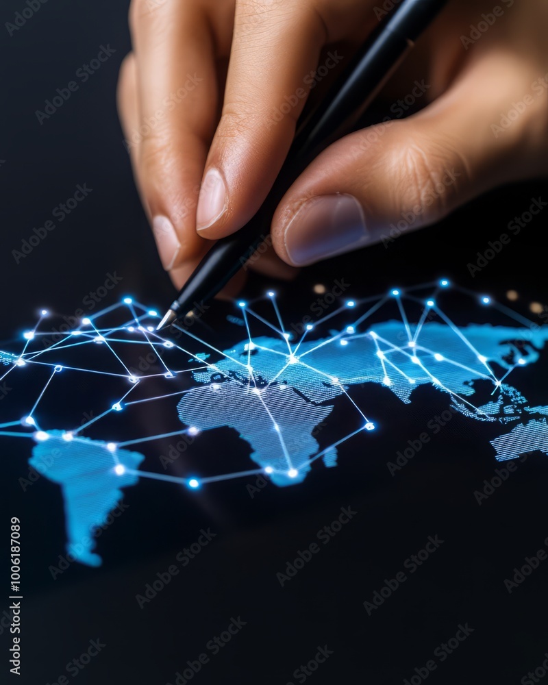 Poster a close-up of a hand interacting with a digital map, showcasing global connectivity and network tech