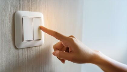 Close up of Female finger is turn off on lighting switch at home. Power, Energy, Saving Electrical, Copy space. Created with Generative AI technology.