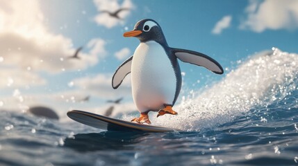 Obraz premium A cool 3D-rendered penguin balancing on a surfboard, riding the waves in a fun, sunny scene, perfect for a tropical and adventurous vibe