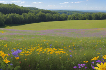 Obraz premium panoramic summer view of blooming wild flowers in meadow