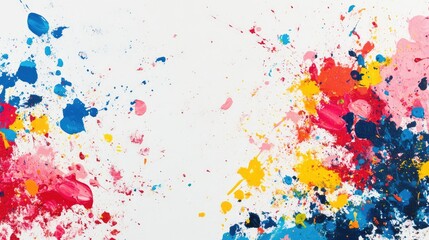 Obraz premium Random splatters of vibrant paint in primary colors over a white canvas, creating a dynamic, chaotic abstract pattern.