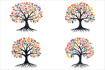 Abstract tree with roots and leaves, Tree with roots and multicolored leaves vector, Beautiful tree and roots,  Abstract tree and colorful leaves