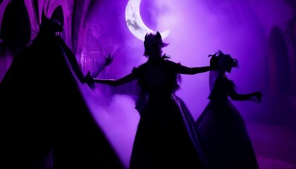 Gothic Ballroom Filled with Dancing Monsters, Vampires, and Werewolves. Thrilling Dance Battle at Midnight Under Glowing Crescent Moon.