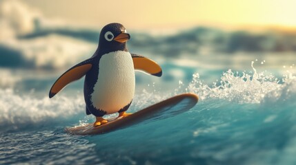 Fototapeta premium A cool 3D-rendered penguin balancing on a surfboard, riding the waves in a fun, sunny scene, perfect for a tropical and adventurous vibe