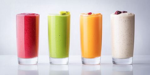 Row of four tall glasses filled with fruit smoothies in distinct colors and textures, standing in a neat line on a reflective surface, emphasizing freshness and variety of ingredients.