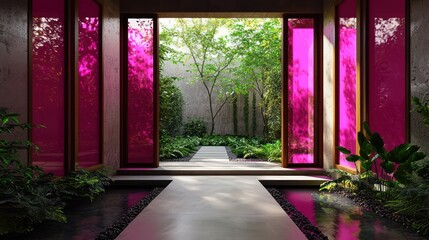 A garden room with fuchsia windows, adding a pop of color to a contemporary zen garden Minimalistic design in high resolution