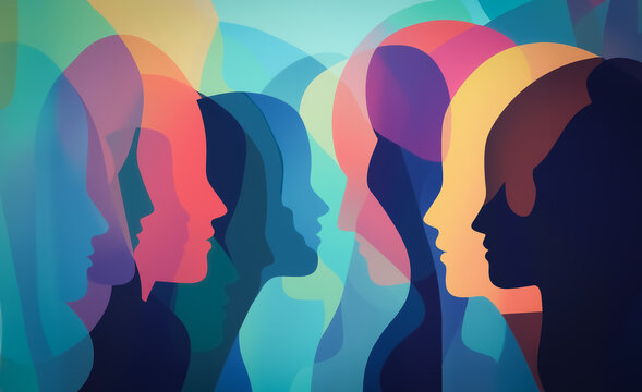 Abstract illustration of overlapping human profiles with gradient colors and soft edges, representing diverse perspectives and human connection in a contemporary style.